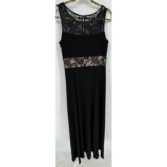 Black Sleeveless Lace Trim Maxi Dress With Nude Lining Accents - Picture 7 of 12